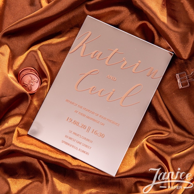 Rose Gold Mirror Acrylic Wedding Invitation With Rose Gold Screen